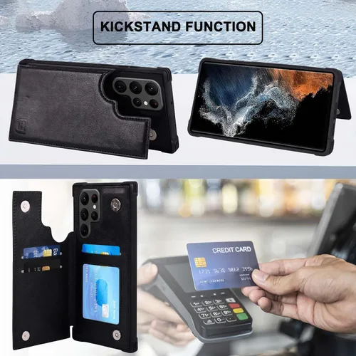 Vista 5 de VANAVAGY Funda tipo cartera compatible con Galaxy S22 Ultra con soporte para tarjetas de bloqueo RFID, de piel sintética, cierre magnético, función