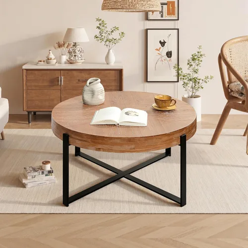 Vista 3 de Mesa de centro redonda de empalme retro moderna de 33.86 pulgadas, mesa de madera de abeto con base de patas cruzadas negras