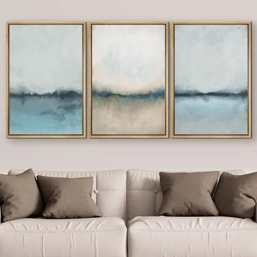 Vista 294 de SIGNFORD - Set de obras de arte en lienzo enmarcado para pared, ilustraciones abstractas de neblina del desierto en tonos neutros beige y marrón