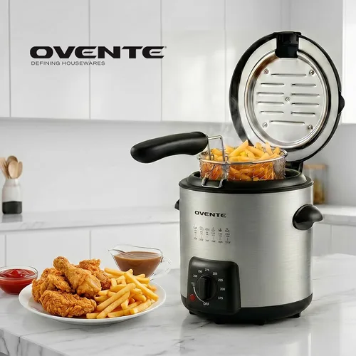 Vista 8 de OVENTE Freidora eléctrica, capacidad de 0.9 L, 840 W con temperatura ajustable, tapa de bloqueo, cesta extraíble y asas de tacto frío, freidora