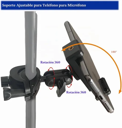 Vista 2 de Soporte de teléfono con abrazadera para micrófono, soporte de teléfono ajustable para micrófono, batería de música, con clip para iPhone 15