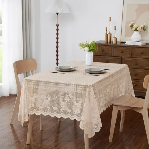 Vista 2 de Warm Home Designs Mantel rectangular de 60 x 84 pulgadas. Mantel de encaje vintage que se puede utilizar como funda de mesa de comedor de lino