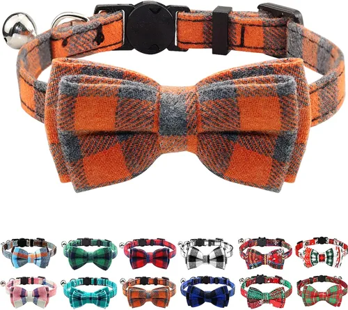 Vista 11 de Collar Joytale con corbatín y campana, lindos patrones de cuadros, 1 o 2 unidades de collares de seguridad para gato, Negro