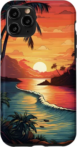 Vista 10 de Funda para iPhone 14 Sunset Beach con palmeras, colorida estética Hawaii