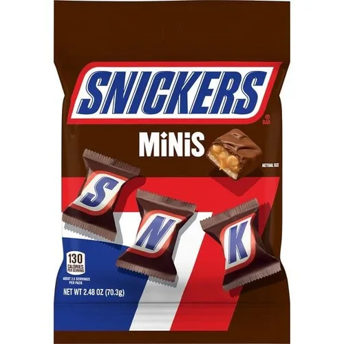 Vista 2 de Snickers Minis - Barra de chocolate con maní tostado, turrón, caramelo y chocolate con leche, bolsa de 2.48 onzas