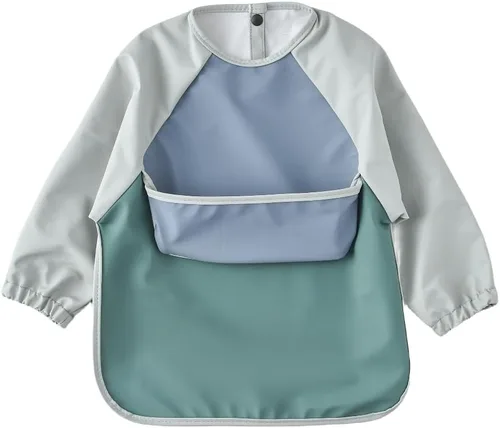 Vista 10 de Baberos impermeables para bebés, babero de alimentación de manga larga con recogedor de alimentos, se limpia y lavable