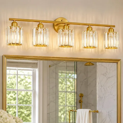 Vista 25 de Lámpara de tocador moderna de cristal de 2 luces, accesorio de luz vertical dorada para baño sobre espejo para mesa de tocador y fregadero