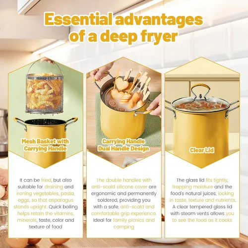 Vista 5 de UKQRRTC Olla para freír con cesta coladora, sartén de acero inoxidable, resistente al calor, mini freidora de aceite, recipiente de aceite