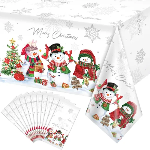 Vista 14 de FunnyPars 3 piezas manteles de muñeco de nieve navideños de plástico, cubierta de mesa de invierno con copos de nieve y árbol de Navidad para Rojo