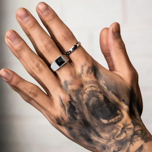 Vista 2 de KeyStyle Anillos cuadrados de sello de piedras preciosas para hombres, anillo de meñique personalizado de acero inoxidable con piedra natal