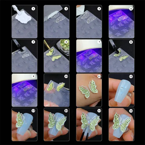 Vista 4 de Adornos de uñas de Navidad Moldes de silicona Moldes de uñas de mariposa de flores Campanas de Navidad Plantillas de tallado de uñas de copo