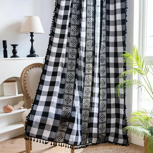 Vista 36 de Deeprove - Cortinas bohemias de 63 pulgadas de largo para dormitorio, rayas de lunares de punto hueco beige y patchwork de algodón y lino crema