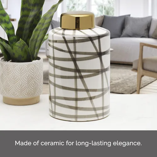 Vista 3 de Elements Tarro de cerámica con tapa de garabatos en blanco y negro de 9 pulgadas, recipiente decorativo de cerámica con tapa dorada para decoración