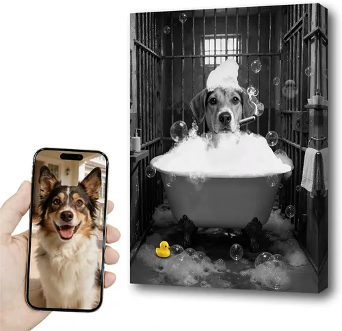 Vista 34 de kvtiwee retrato personalizado de mascota a partir de foto, arte de pared en lienzo de gato en el inodoro, arte de baño divertido en blanco y negro
