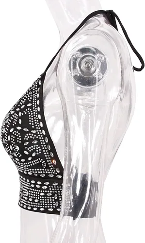 Vista 6 de Haoohu Camiseta sin mangas con diamantes brillantes para mujer, con diamantes brillantes, para fiesta, rave, ropa de club