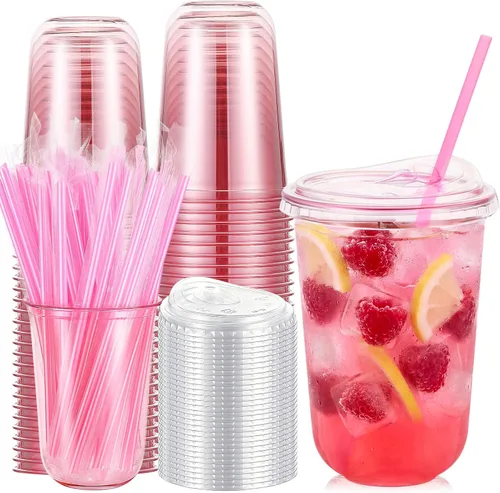 Vista 8 de Ziliny Paquete de 50 vasos de plástico transparente negro de 12 onzas con tapas y popotes, vasos desechables para mascotas, taza de café helado