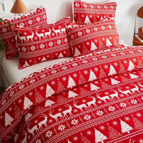 Vista 3 de Joyreap Juego de funda de edredón de Navidad de 3 piezas, patrón de copo de nieve y árbol de renos rojos y blancos, microfibra suave y transpirable