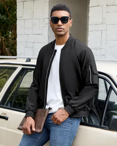 Vista 24 de Polu Chaquetas bomber para hombre con bolsillos, chaquetas cortavientos ligeras, cremallera de 2 vías, abrigo casual de negocios para otoño e
