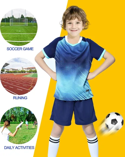 Vista 3 de LUCKYLUAN Conjunto de camiseta de fútbol para niños con calcetines para niños y niñas, uniforme deportivo