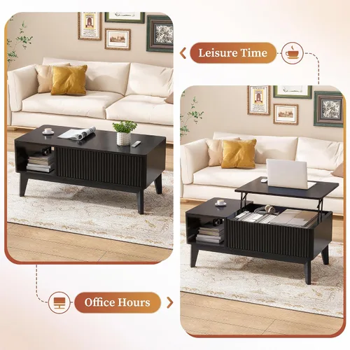 Vista 4 de LYNCOHOME Mesa de centro acanalada con compartimento oculto, mesas de centro elevables de madera, mesa central moderna para sala de estar, oficina