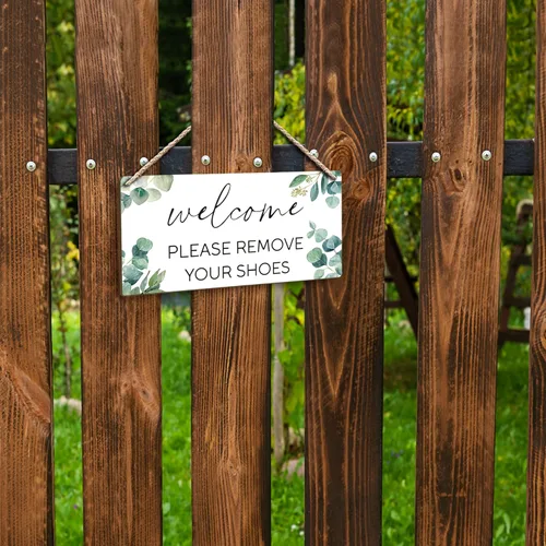 Vista 5 de Letreros colgantes de madera con texto en inglés «Welcome Please Remove Your Shoes Off» de 12 x 6 pulgadas, letrero de bienvenida «Please Take Your