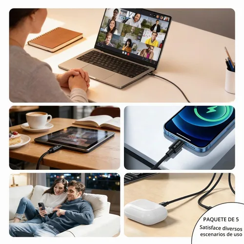 Vista 5 de Cable USB C a USB C, carga súper rápida de 100 W, 5 A, PD 3.0, paquete de 5 (6.6 pies), cable de carga trenzado tipo C para iPhone 17/16 Pro Max