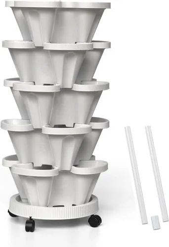 Vista 15 de Macetas verticales de fresa, paquete de 2 unidades, torre apilable de 5 niveles con poste de soporte, macetas apilables para hierbas y verduras