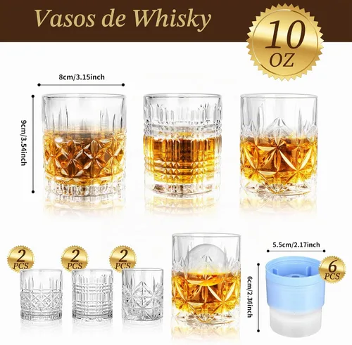 Vista 2 de Juego de vasos de whisky de 6 a 10 onzas con patrones mixtos de cristal, 3 estilos únicos con 6 moldes de bolas de hielo (2 pulgadas) para cócteles