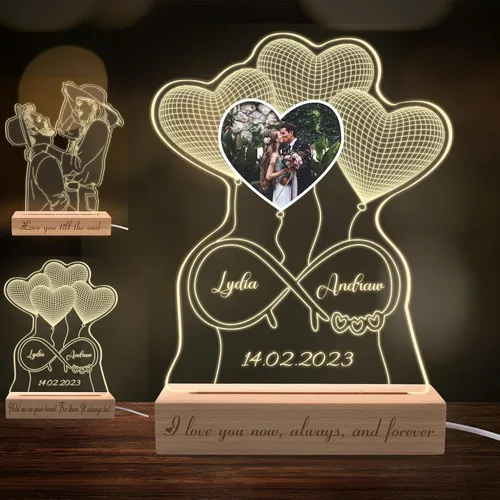 Vista 3 de Aolun Lámpara de noche personalizada con nombre, luz acrílica personalizada para parejas, letrero de texto de corazón con base para su novia Solo