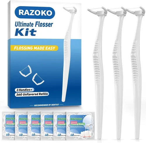 Vista 15 de RAZOKO Kit de hilo dental de mango largo (1 mango verde + 120 recambios) Púas de hilo dentales extra fuertes resistentes a la rotura para dientes