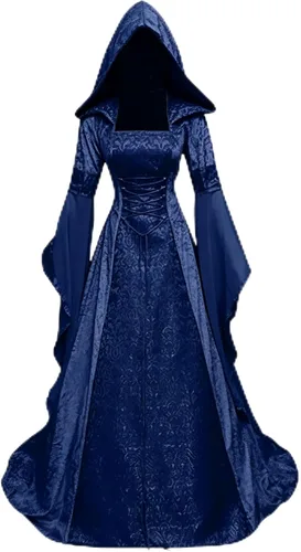 Vista 10 de BITSEACOCO Disfraz de bruja de lujo para mujer, vestido de vampiro con capucha gótico renacentista bordado vintage, vestido de cosplay Rojo vino