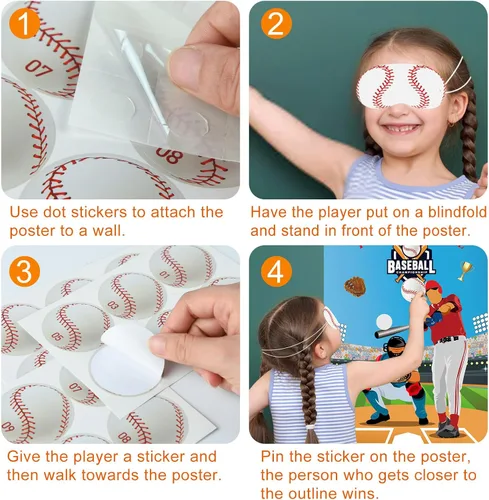 Vista 3 de PLULON Pin The Baseball Party Game para niños Pin The Baseball en el Guante y el Batón Póster grande con pegatinas para decoraciones de pared