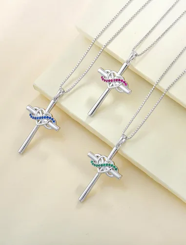 Vista 4 de YL Collar de cruz de plata de ley para mujer, colgante de crucifijo de corazón infinito, piedra natal