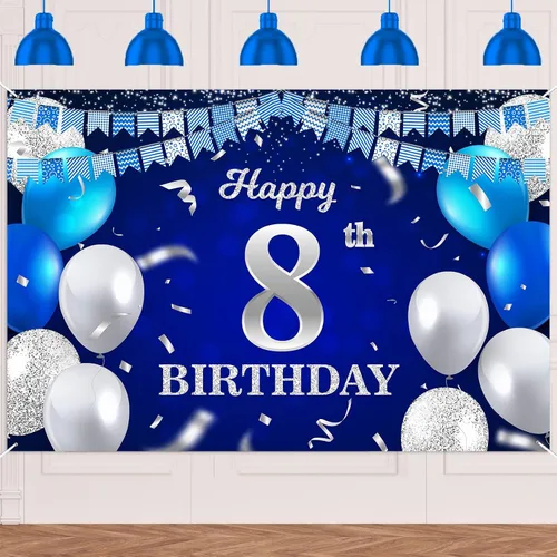 Vista 50 de Bandera de feliz primer cumpleaños con fondo azul marino, globos, confeti, bandera de rayas, luces de puntos, felicitaciones por el tema de 1 año