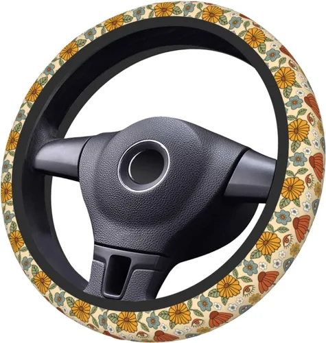 Vista 4 de Funda de volante vintage floral hippie de los 70, diseño de hongo retro, cubierta de volante de neopreno antideslizante para mujeres, hombres