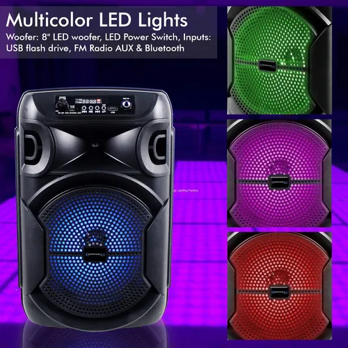 Vista 6 de Technical Pro Altavoz Bluetooth portátil de 800 vatios de 8 pulgadas con woofer y tweeter, altavoz LED PA para festivales con tarjeta Bluetooth/USB