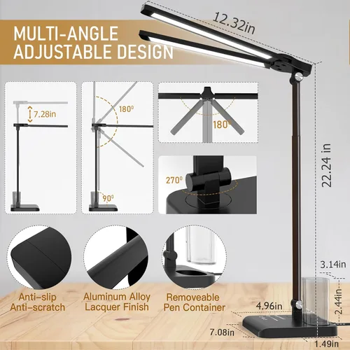 Vista 6 de CHARYJOD Lámpara de escritorio LED retráctil regulable con puerto de carga USB, 50 modos de iluminación, brazo doble oscilante, arquitecto, lámpara