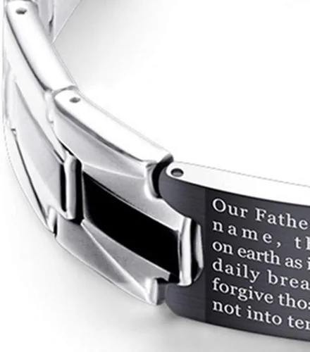Vista 3 de Reizteko Pulsera de pulsera de eslabones religiosos de acero inoxidable con cruz negra y plata inglesa para hombre