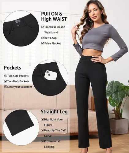 Vista 5 de Agenlulu Pantalones de vestir para mujer, elásticos, pantalones de trabajo, casuales, pierna recta, cintura alta, tela resistente a las arrugas
