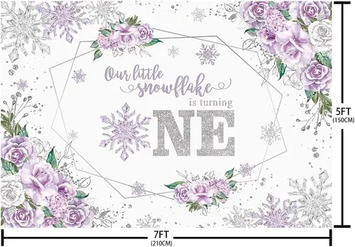 Vista 5 de AIBIIN Telón de fondo de invierno de 7 x 5 pies para niña, copo de nieve, color morado, floral, plateado, con purpurina, fondo de fotografía