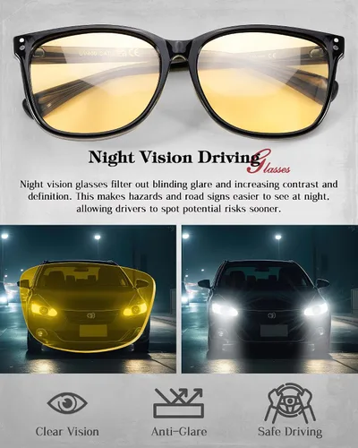Vista 6 de LVIOE Gafas de conducción nocturna para mujeres y hombres, antirreflejos, polarizadas, amarillas, visión nocturna, mejora la claridad LN22526