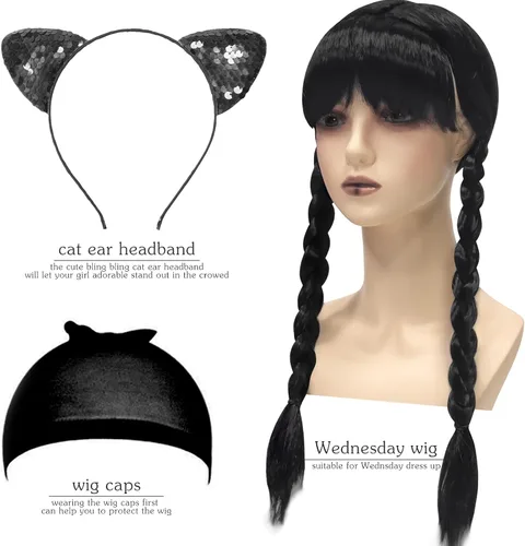 Vista 6 de keaiyouhuo Disfraz de Wednesday Addams para niñas, vestidos largos negros para niños, familia, cosplay, fiesta de Halloween, 4-14 años
