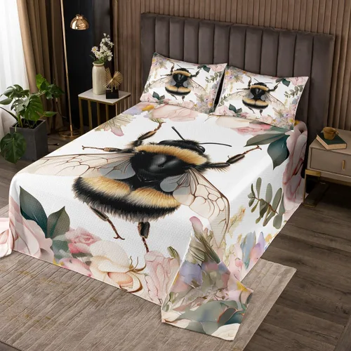 Vista 4 de Erosebridal Juego de colcha con diseño de gato y gatito, juego de colcha con temática de animales, juego de ropa de cama floral de flores coloridas