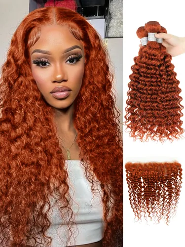 Vista 23 de Cabello Humano Rizado Castaño Rojizo, Trama Gruesa Castaño Cobrizo Rojo Coloreado Ondas Profundas Paquetes Individuales Cabello Humano 12A Tejido