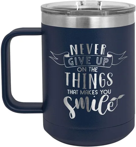 Vista 10 de Nunca renuncies a las cosas que hacen sonreír, taza de café negra de 15 oz con tapa superior deslizante, taza de café de viaje aislada, regalo
