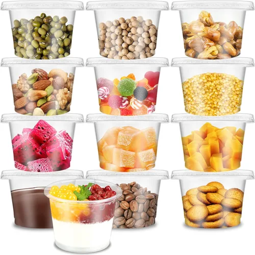 Vista 8 de Qyyiguf Paquete de 100 Vasos de Plástico Desechables de 8 OZ con Tapas Planas, Vasos Transparentes para Postre Recipientes de Plástico, Mini