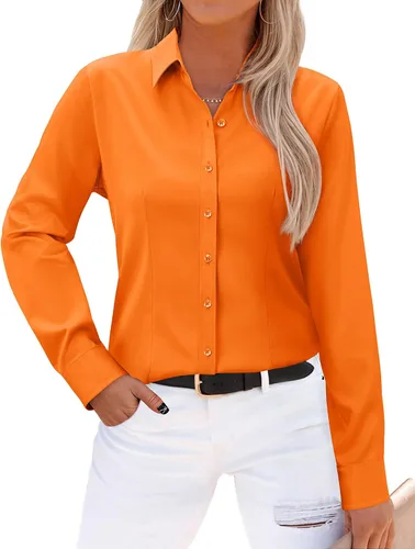 Vista 8 de Gleeivy - Camisas abotonadas para mujer, sin arrugas, de manga larga, camisas de vestir casuales con cuello V, ajustadas, de un solo