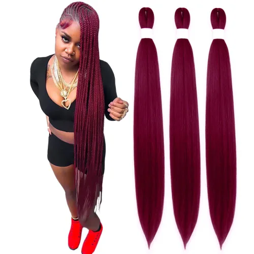 Vista 87 de Cabello trenzado burdeos, 10 pulgadas, 4 paquetes Cabello preestirado, trenzas de ganchillo cortas y rectas, textura Yaki, fibra sintética