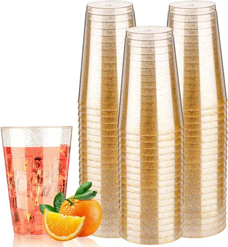 Vista 14 de Goodluck 50 vasos de plástico con purpurina dorada de 10 onzas, vasos desechables con purpurina, elegantes vasos de cóctel de plástico, vasos