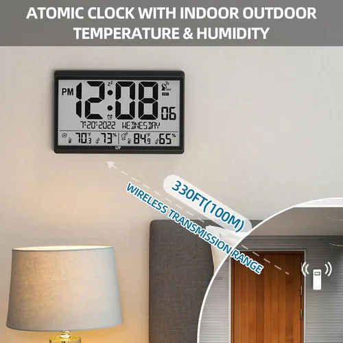 Vista 5 de Reloj de pared atómico LFF/Nunca necesita configuración, funciona con pilas, reloj de pared atómico con temperatura y humedad interior/exterior Negro